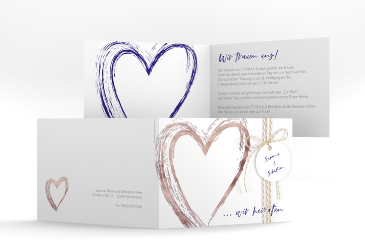Hochzeitseinladung Liebe A6 Klappkarte quer blau rosegold