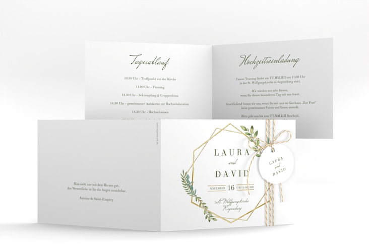 Hochzeitseinladung Herbarium A6 Klappkarte quer grau gold mit geometrischem Rahmen und Blätter-Dekor