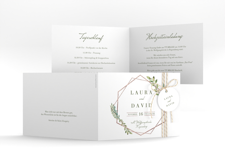 Hochzeitseinladung Herbarium A6 Klappkarte quer grau rosegold mit geometrischem Rahmen und Blätter-Dekor