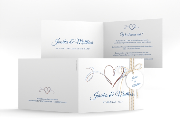 Hochzeitseinladung Envie A6 Klappkarte quer blau rosegold