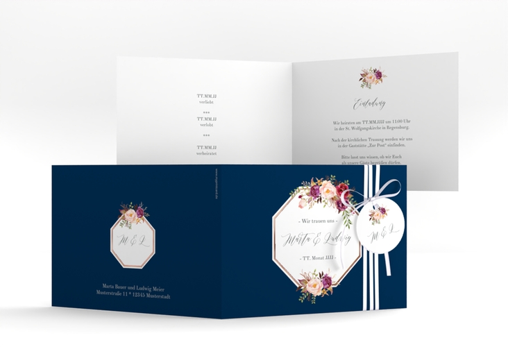 Hochzeitseinladung Prachtvoll A6 Klappkarte quer blau rosegold