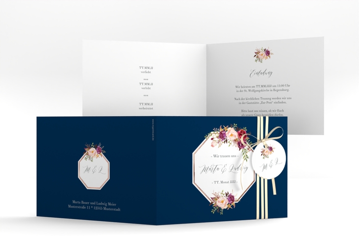 Hochzeitseinladung Prachtvoll A6 Klappkarte quer blau rosegold