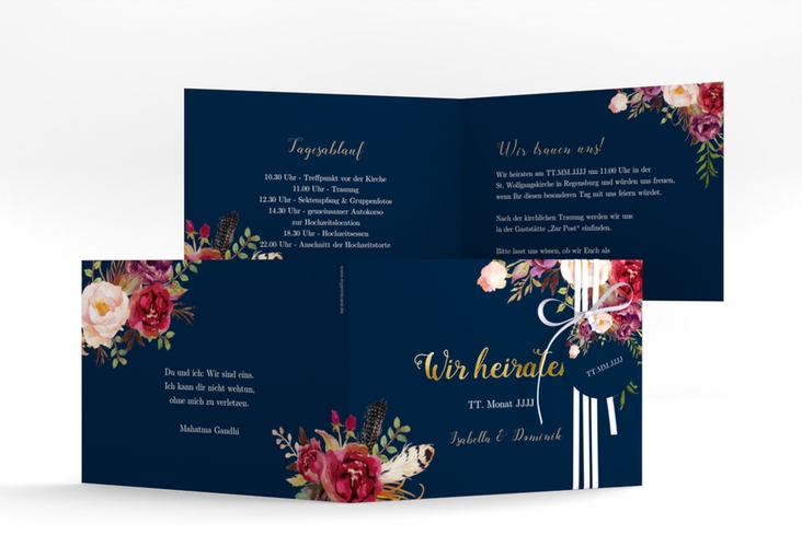 Hochzeitseinladung Flowers A6 Klappkarte quer blau gold mit bunten Aquarell-Blumen