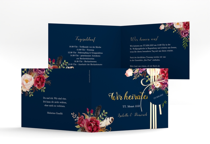 Hochzeitseinladung Flowers A6 Klappkarte quer blau gold mit bunten Aquarell-Blumen