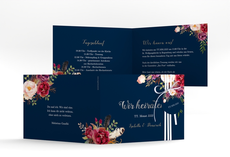 Hochzeitseinladung Flowers A6 Klappkarte quer blau silber mit bunten Aquarell-Blumen