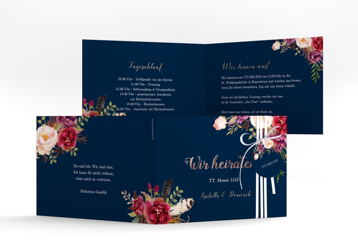 Hochzeitseinladung Flowers A6 Klappkarte quer blau rosegold mit bunten Aquarell-Blumen