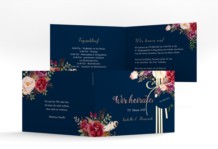 Hochzeitseinladung Flowers A6 Klappkarte quer blau rosegold mit bunten Aquarell-Blumen