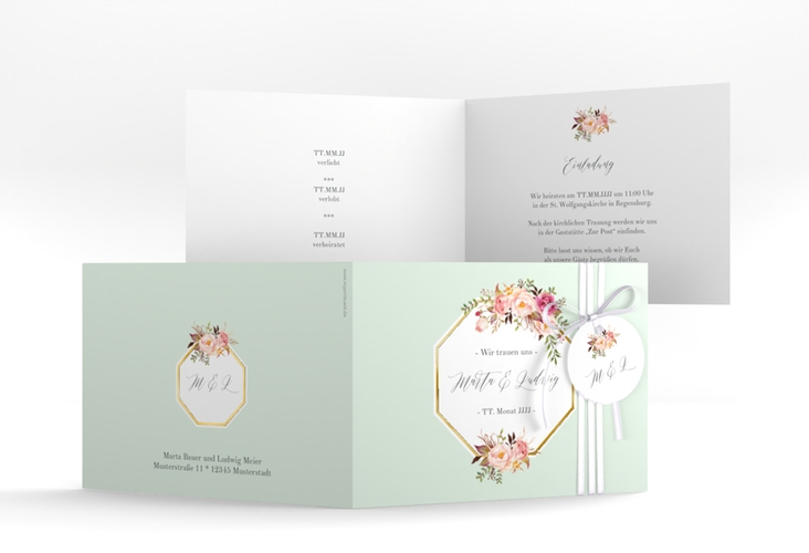 Hochzeitseinladung Prachtvoll A6 Klappkarte quer mint gold