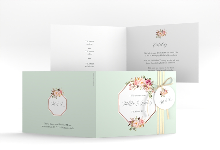 Hochzeitseinladung Prachtvoll A6 Klappkarte quer mint rosegold