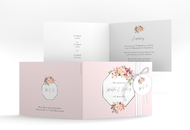 Hochzeitseinladung Prachtvoll A6 Klappkarte quer rosa silber
