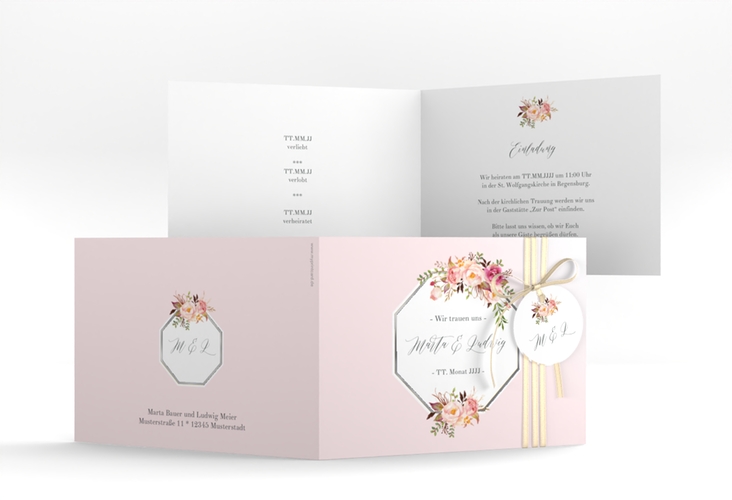 Hochzeitseinladung Prachtvoll A6 Klappkarte quer rosa silber