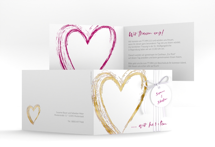 Hochzeitseinladung Liebe A6 Klappkarte quer pink gold