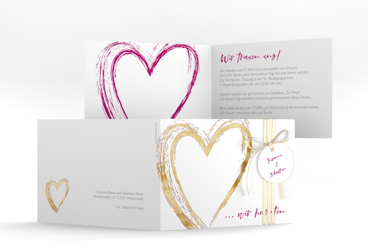 Hochzeitseinladung Liebe A6 Klappkarte quer pink gold