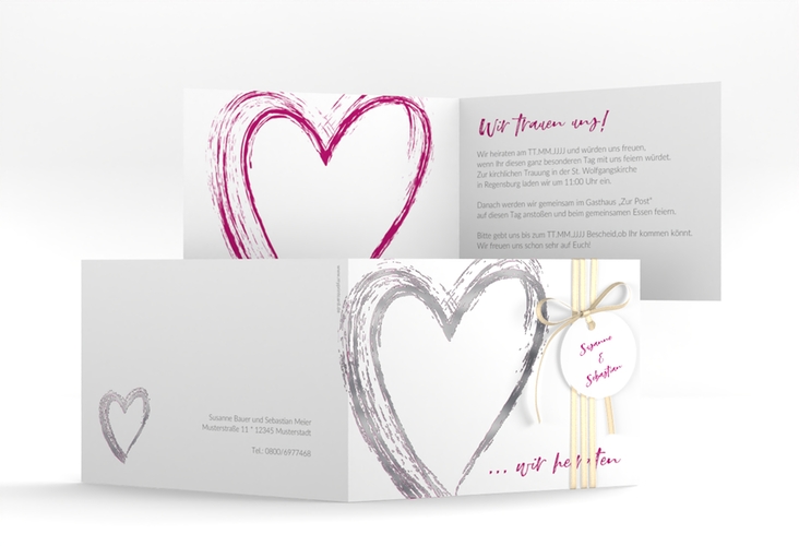 Hochzeitseinladung Liebe A6 Klappkarte quer pink silber