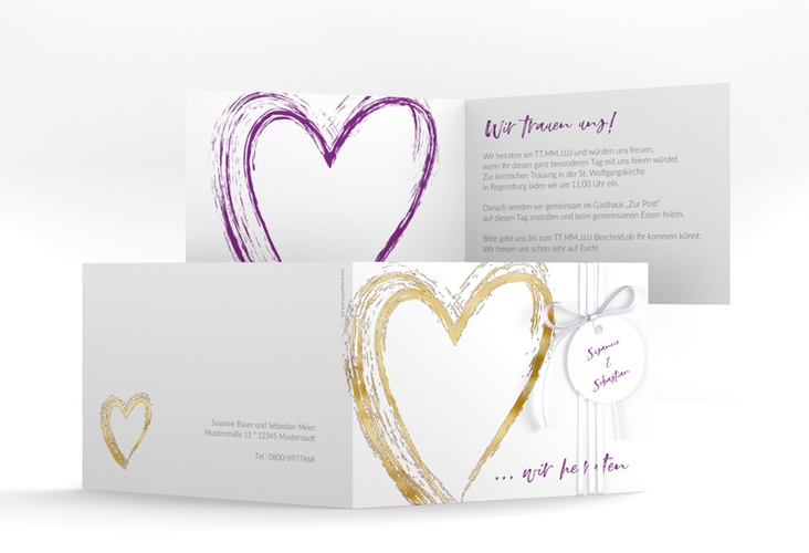 Hochzeitseinladung Liebe A6 Klappkarte quer lila gold