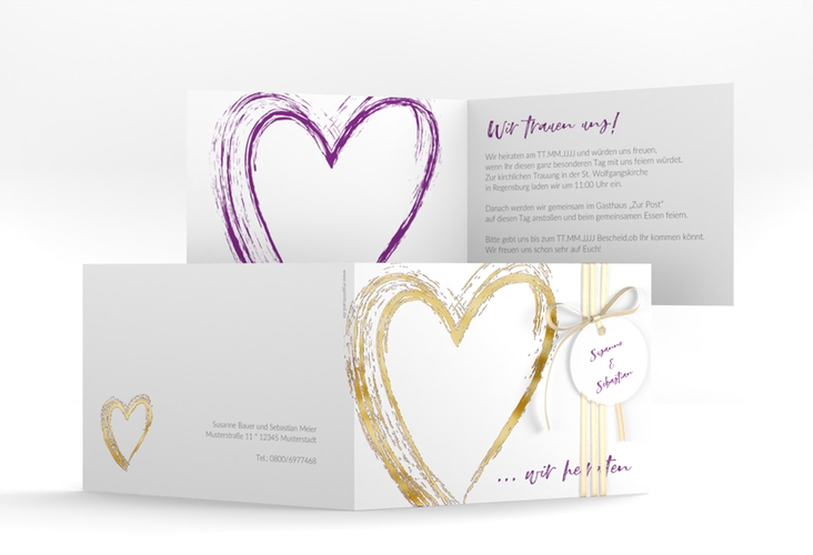 Hochzeitseinladung Liebe A6 Klappkarte quer lila gold