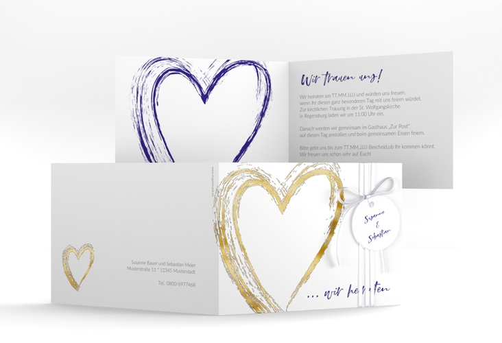 Hochzeitseinladung Liebe A6 Klappkarte quer blau gold