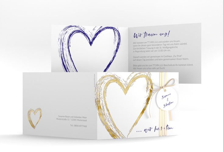 Hochzeitseinladung Liebe A6 Klappkarte quer blau gold