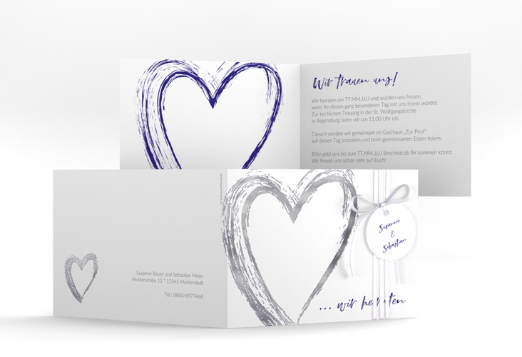 Hochzeitseinladung Liebe A6 Klappkarte quer blau silber
