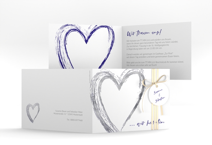Hochzeitseinladung Liebe A6 Klappkarte quer blau silber