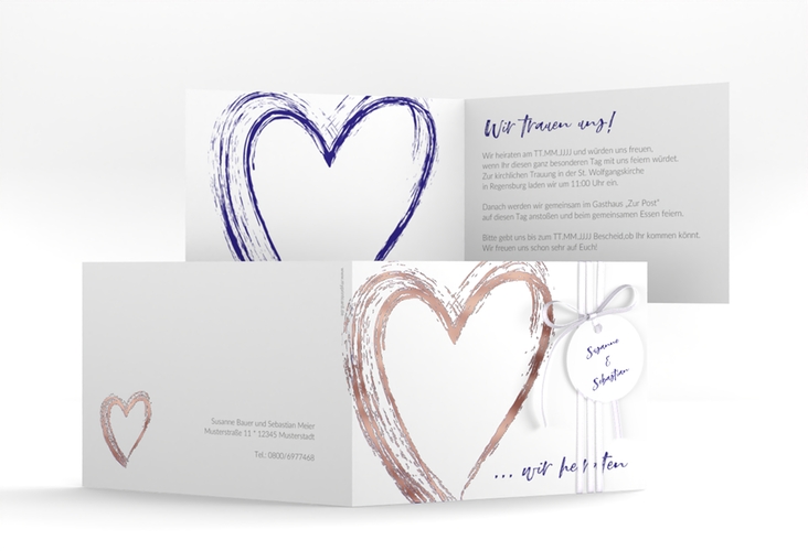 Hochzeitseinladung Liebe A6 Klappkarte quer blau rosegold