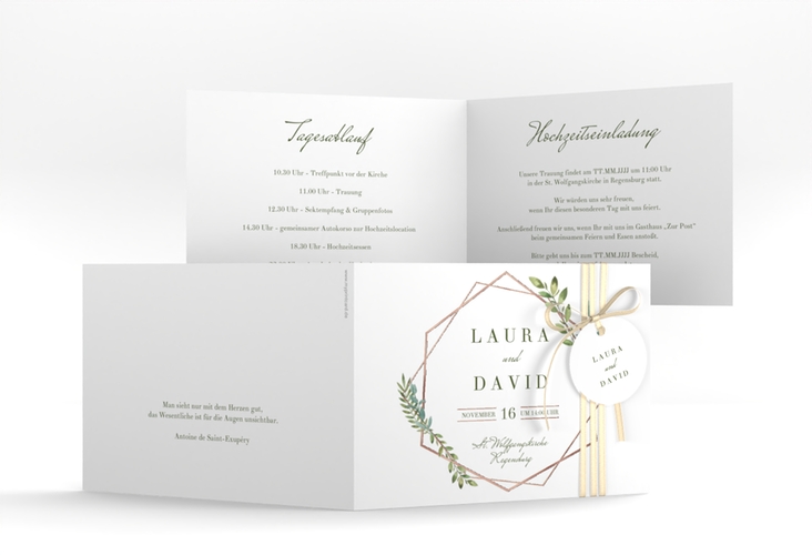 Hochzeitseinladung Herbarium A6 Klappkarte quer gold rosegold mit geometrischem Rahmen und Blätter-Dekor