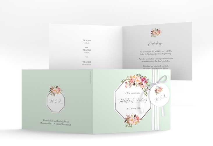 Hochzeitseinladung Prachtvoll A6 Klappkarte quer mint silber
