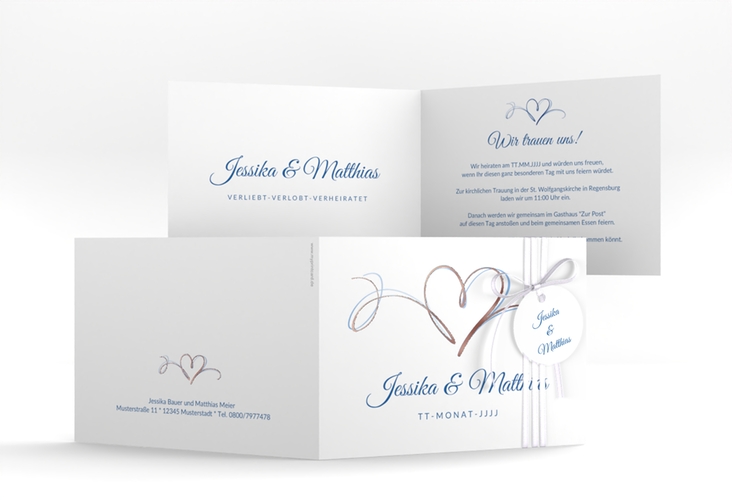 Hochzeitseinladung Envie A6 Klappkarte quer blau rosegold