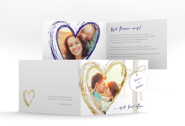 Hochzeitseinladung Liebe A6 Klappkarte quer blau gold