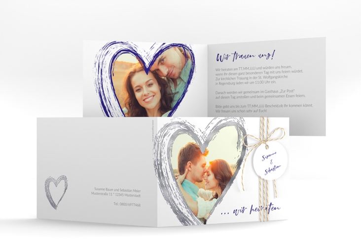 Hochzeitseinladung Liebe A6 Klappkarte quer blau silber