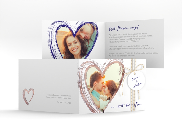 Hochzeitseinladung Liebe A6 Klappkarte quer blau rosegold