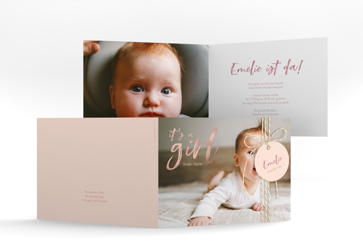 Geburtskarte Girl A6 Klappkarte quer rosa rosegold