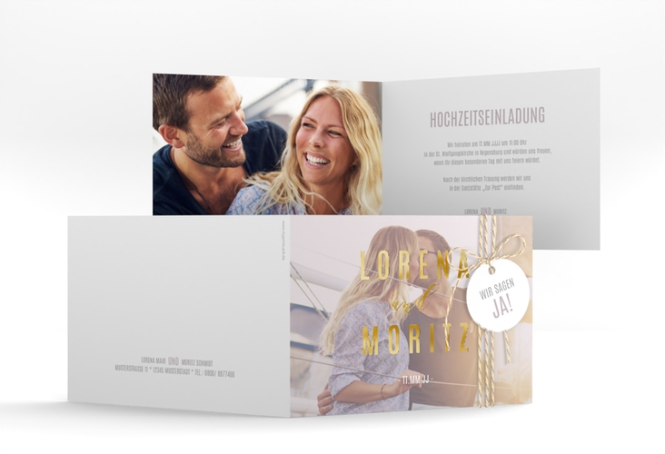 Hochzeitseinladung Memory A6 Klappkarte quer grau gold