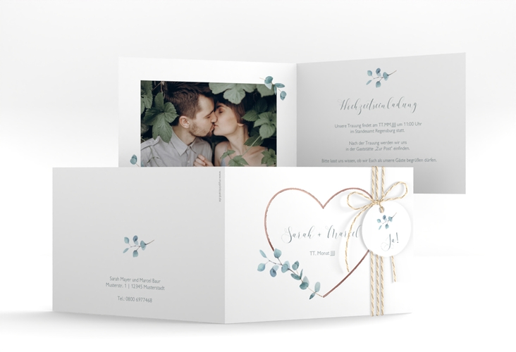Hochzeitseinladung Greenheart A6 Klappkarte quer rosa rosegold mit elegantem Herz und Eukalyptus-Zweig