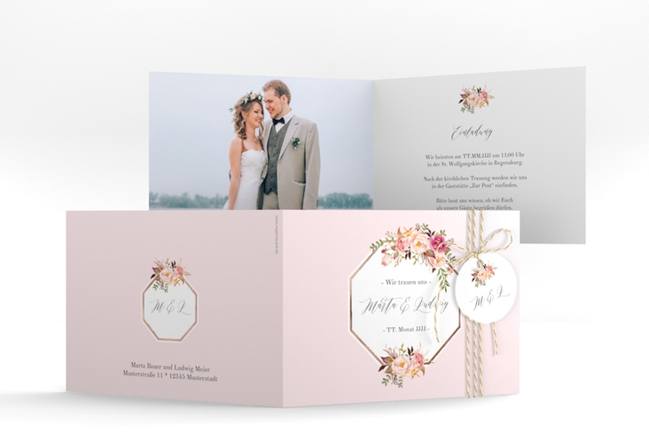 Hochzeitseinladung Prachtvoll A6 Klappkarte quer rosa rosegold