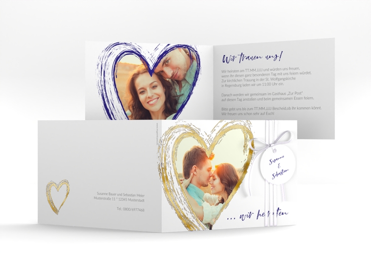 Hochzeitseinladung Liebe A6 Klappkarte quer blau gold