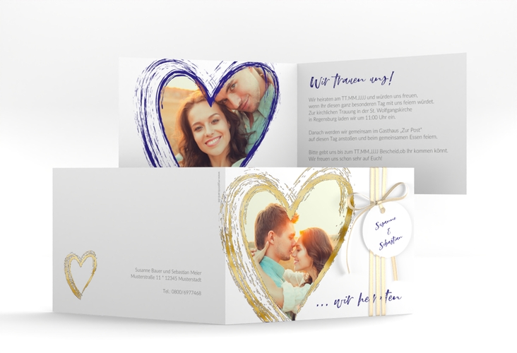 Hochzeitseinladung Liebe A6 Klappkarte quer blau gold