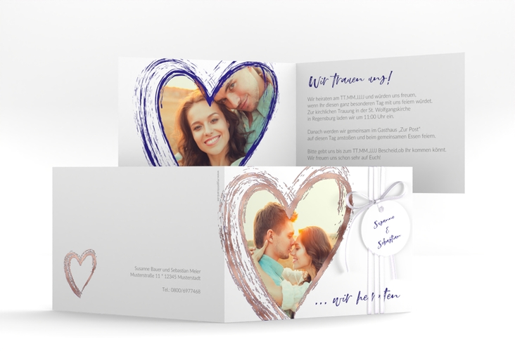 Hochzeitseinladung Liebe A6 Klappkarte quer blau rosegold