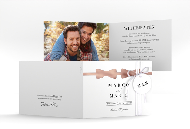 Hochzeitseinladung Suits A6 Klappkarte quer blau rosegold