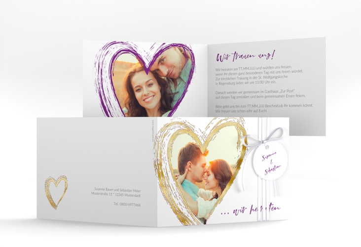 Hochzeitseinladung Liebe A6 Klappkarte quer lila gold