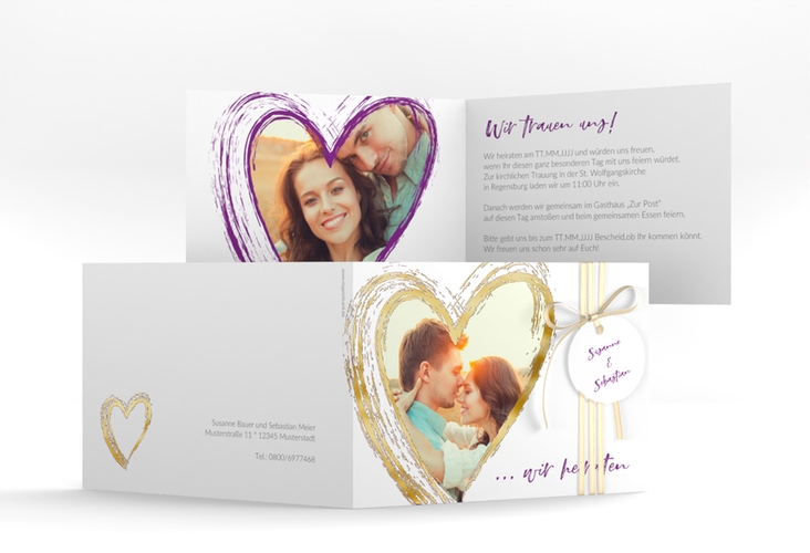 Hochzeitseinladung Liebe A6 Klappkarte quer lila gold