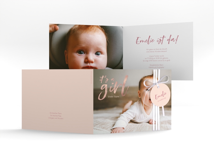 Geburtskarte Girl A6 Klappkarte quer rosa rosegold