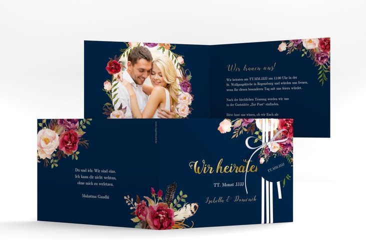 Hochzeitseinladung Flowers A6 Klappkarte quer blau gold mit bunten Aquarell-Blumen