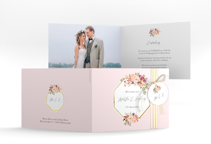 Hochzeitseinladung Prachtvoll A6 Klappkarte quer rosa gold