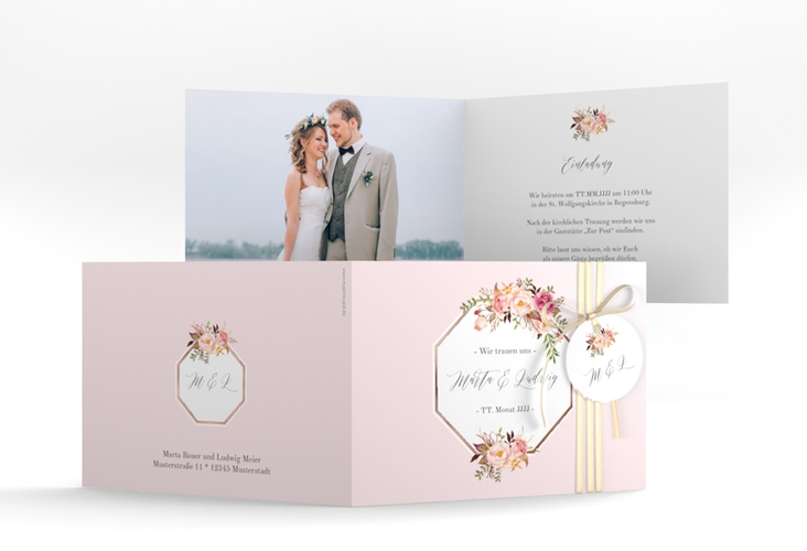 Hochzeitseinladung Prachtvoll A6 Klappkarte quer rosa rosegold