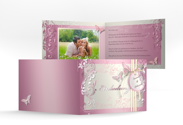 Hochzeitseinladung Toulouse A6 Klappkarte quer rosa raised mit Schmetterlingen und Schnörkeln