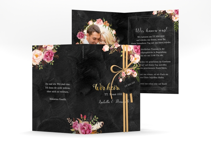 Einladungskarte Hochzeit Flowers A6 Klappkarte hoch schwarz gold mit bunten Aquarell-Blumen