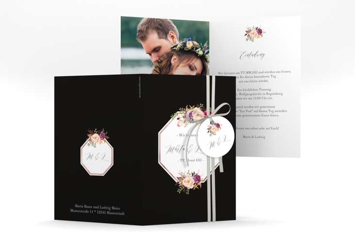 Einladungskarte Hochzeit Prachtvoll A6 Klappkarte hoch schwarz rosegold