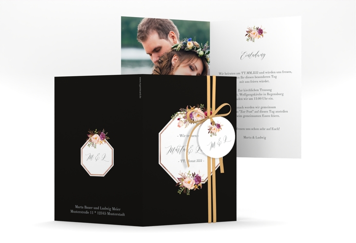 Einladungskarte Hochzeit Prachtvoll A6 Klappkarte hoch schwarz rosegold