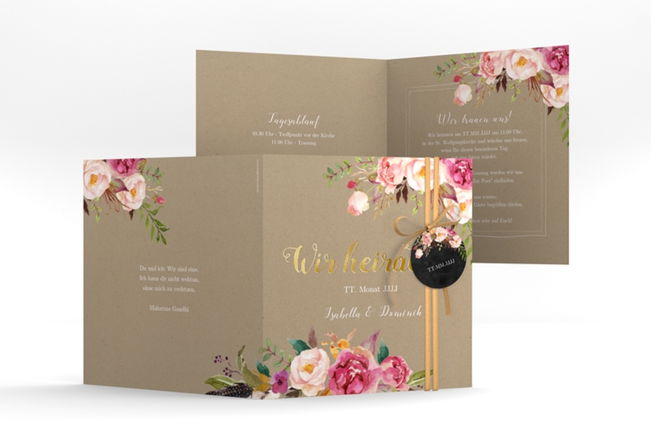 Hochzeitseinladung Flowers quadr. Klappkarte Kraftpapier gold mit bunten Aquarell-Blumen